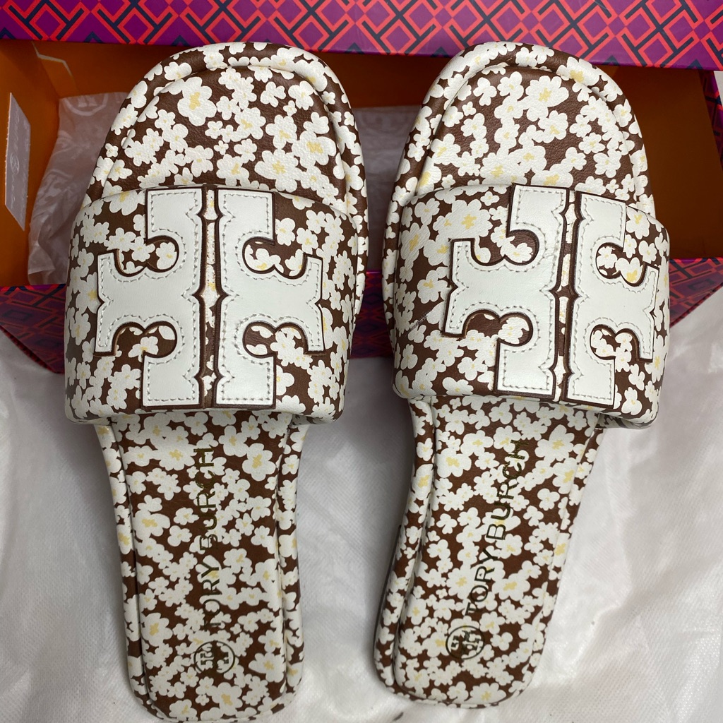 Authentic Tory Burch Brown And White Floral Slides Ivory/Anise